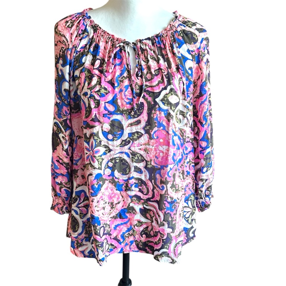 Talbots Top Women’s Medium Pink Coral Reef Paisley Tie Neck with Split Neckline